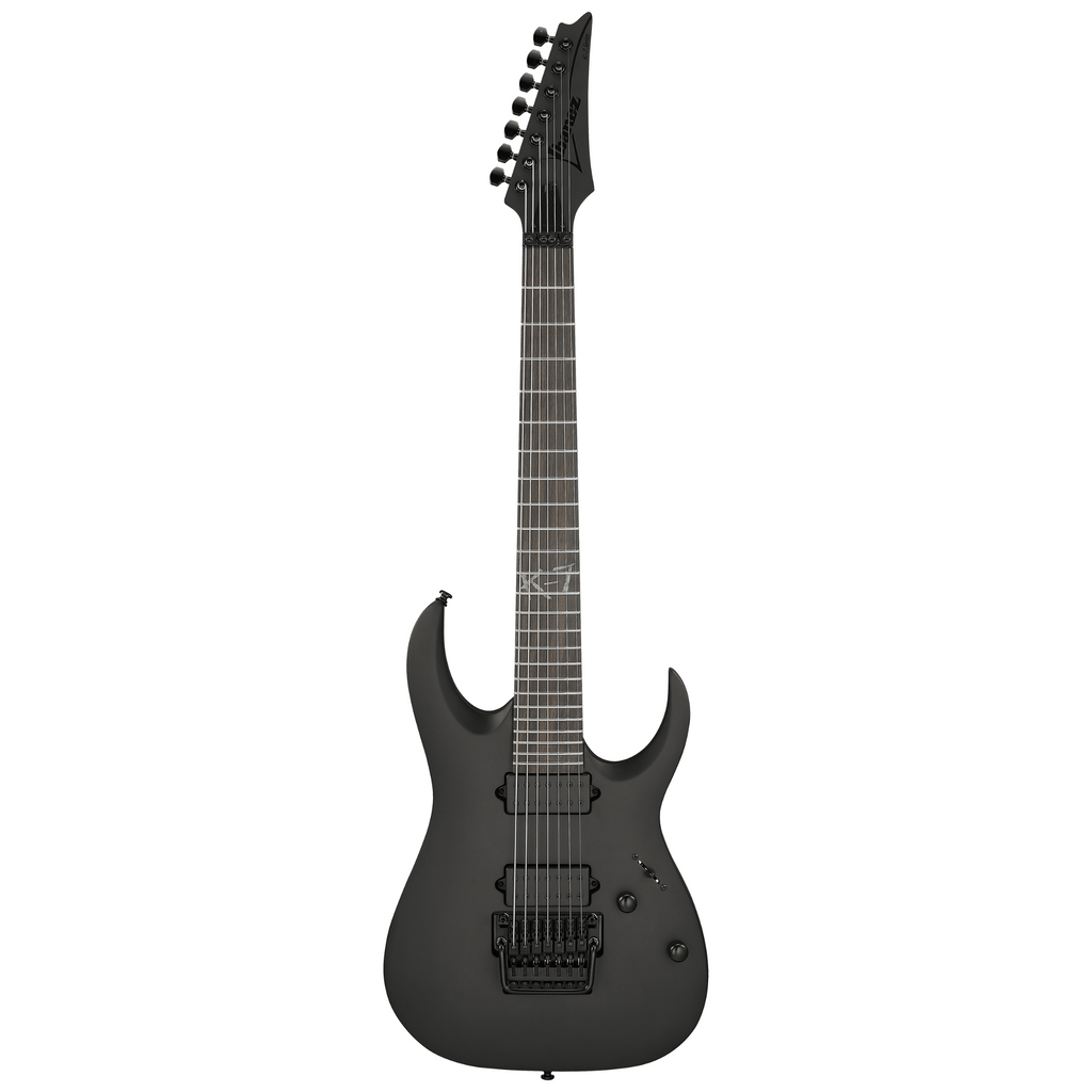 Ibanez K7YIN Munky Signature 7-string electric guitar in black with sleek body and six-string neck, showcasing its signature design.