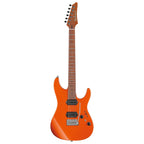 Ibanez AZ2402 Roadster Orange Metallic electric guitar with sleek body and chrome hardware, showcasing its vibrant finish and modern design.