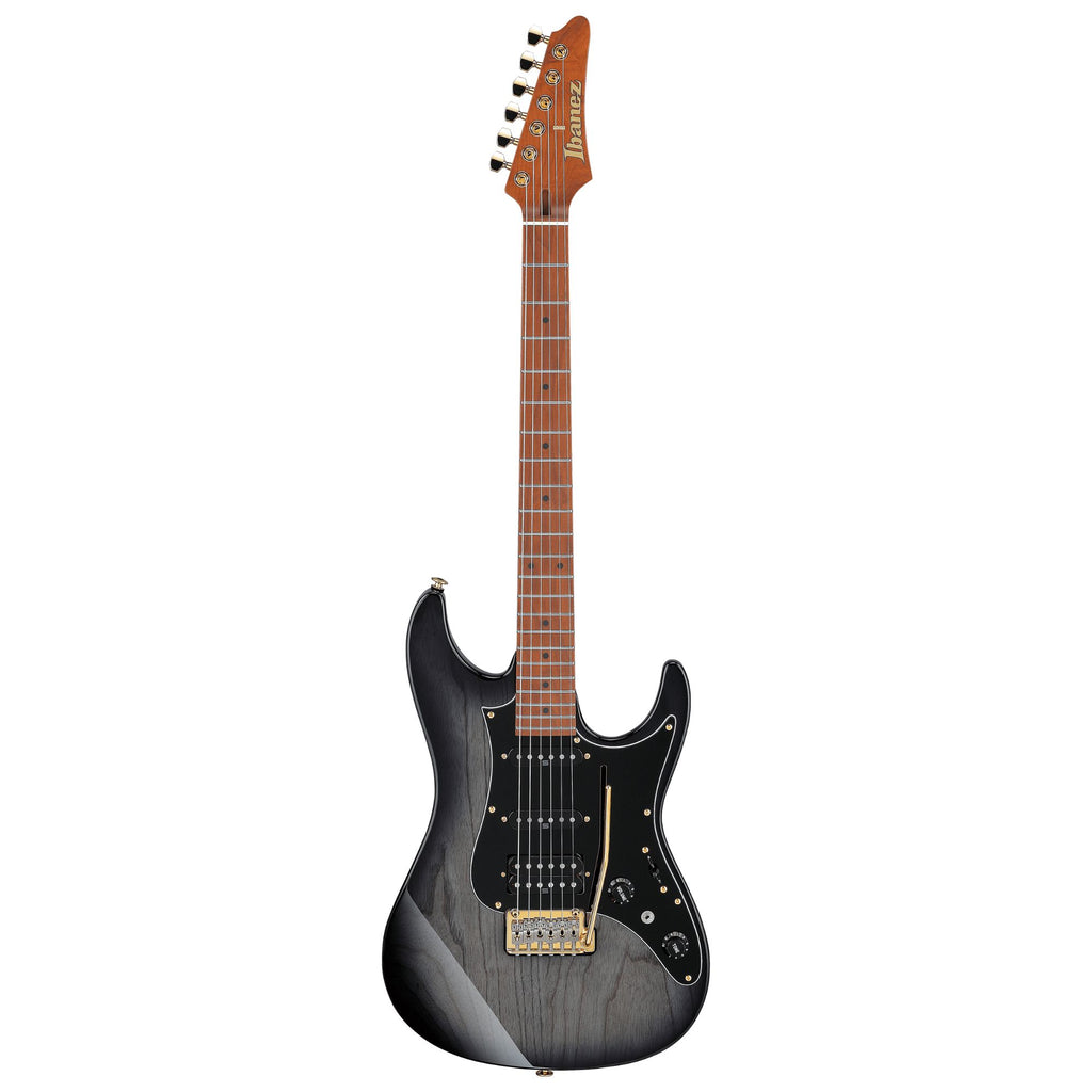 Ibanez AZ2204AG electric guitar in transparent gray burst finish, featuring a sleek body with dual humbucker pickups and modern hardware.
