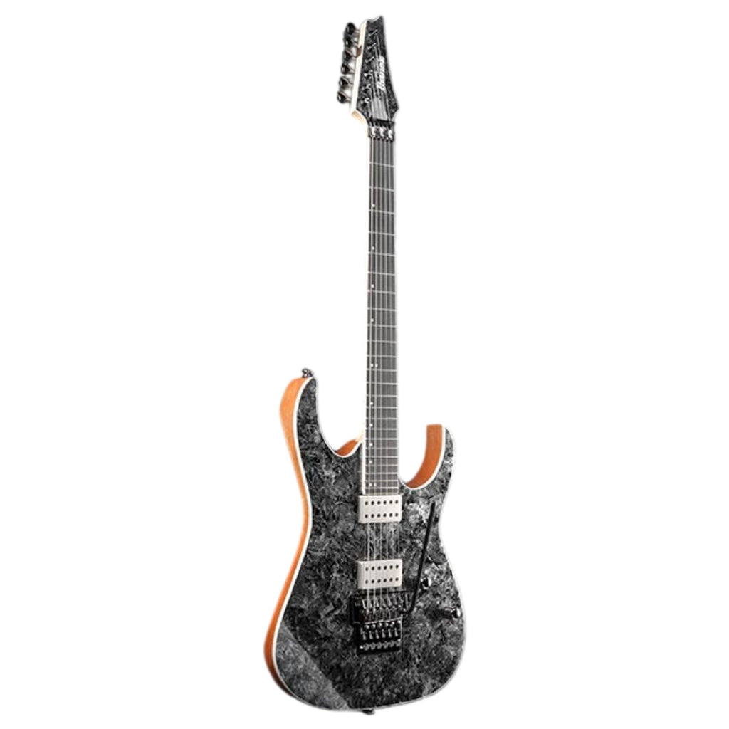 Ibanez RG5320R Cosmic Shadow electric guitar with sleek black finish and modern design, featuring six strings and detailed hardware.