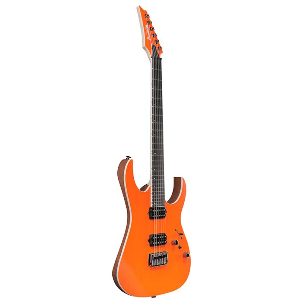 Ibanez RGR5221R electric guitar in transparent fluorescent orange with sleek body and six strings, showcased from a front view.