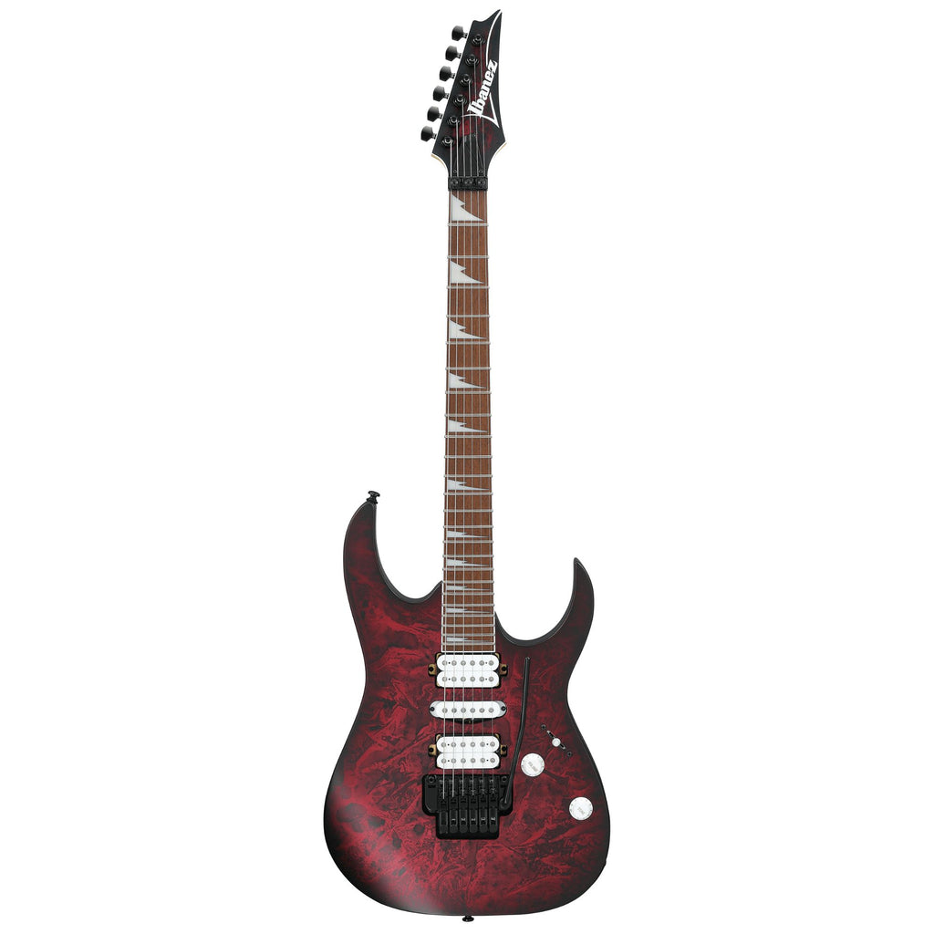Ibanez RG470DXW Wine Red Frozen Matte electric guitar showing sleek body and hardware, ideal for rock and metal music.