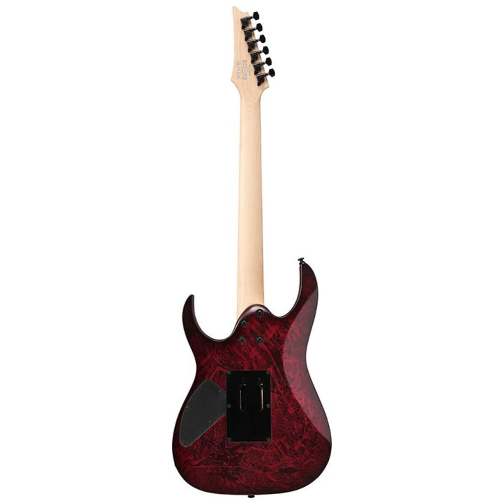 Ibanez RG470DXW Wine Red Frozen Matte electric guitar with sleek finish and double-cut design, featuring chrome hardware and pickups.