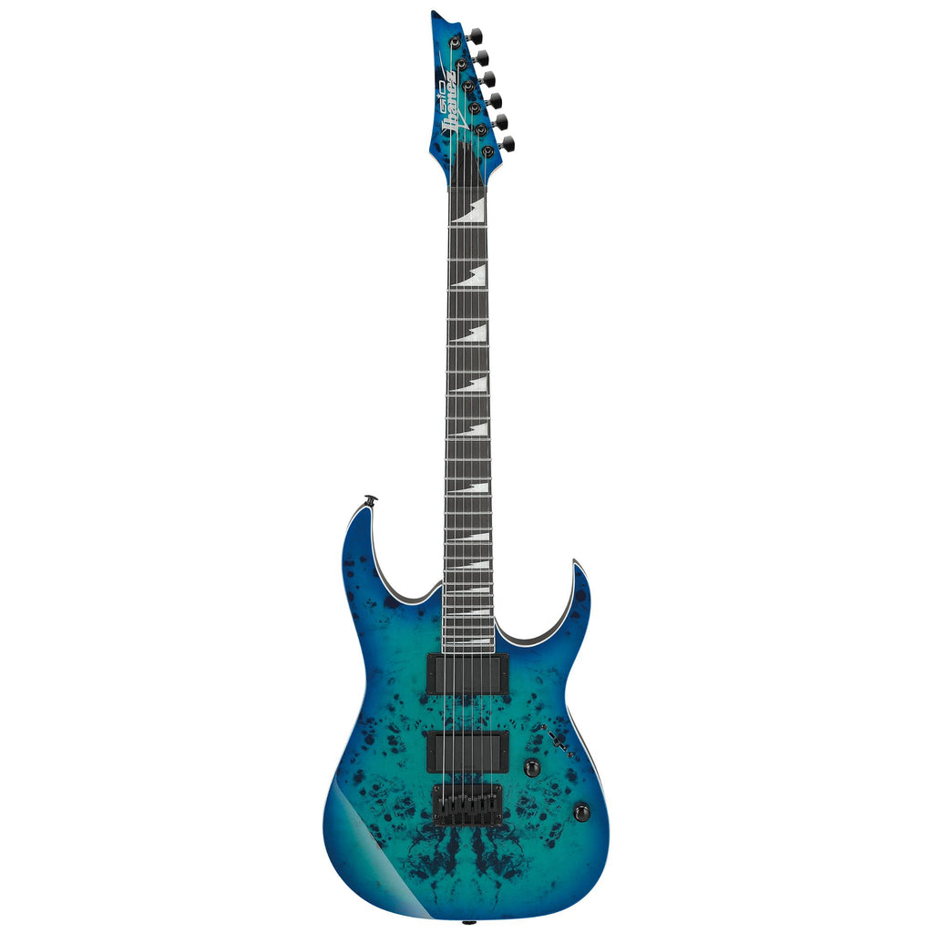Ibanez GRGR221FA transparent indigo black electric guitar with double-cut design and rosewood fingerboard, shown in a close-up image.