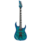 Ibanez GRGR221FA transparent indigo black electric guitar with double-cut design and rosewood fingerboard, shown in a close-up image.