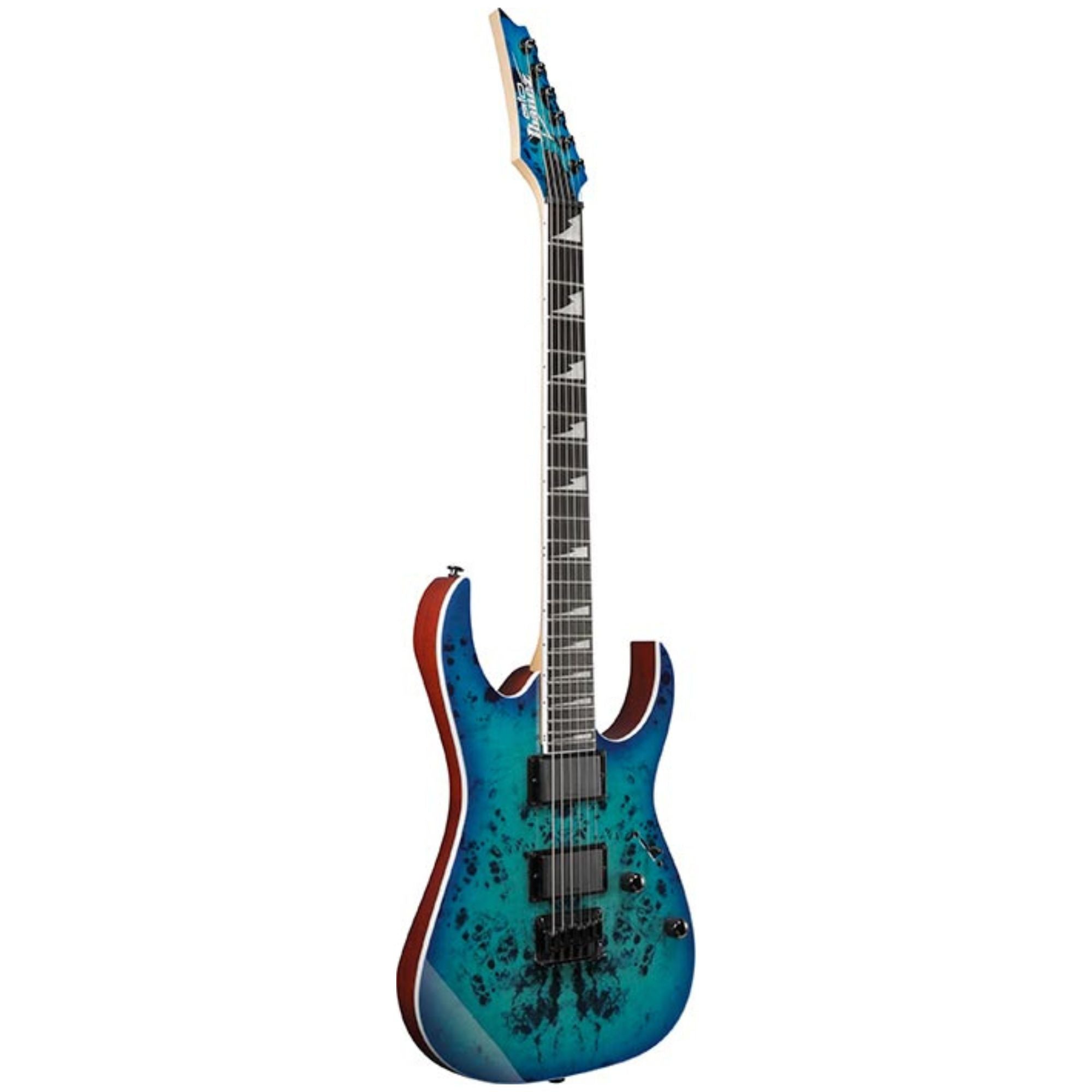 Ibanez GRGR221FA electric guitar in transparent indigo black with double-cut body and sleek finish, showcasing its stylish design.