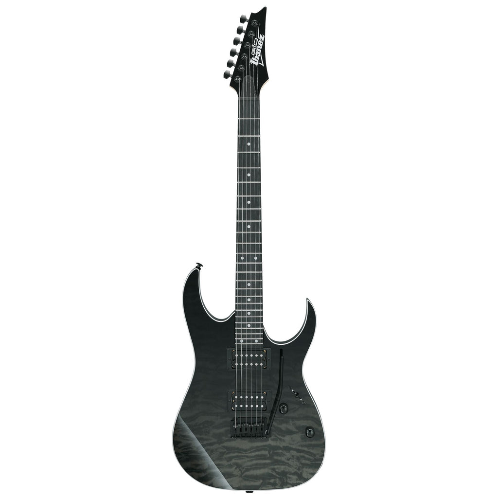Ibanez GRG120QASP black gradient electric guitar with sleek body and six strings, perfect for rock and metal music.