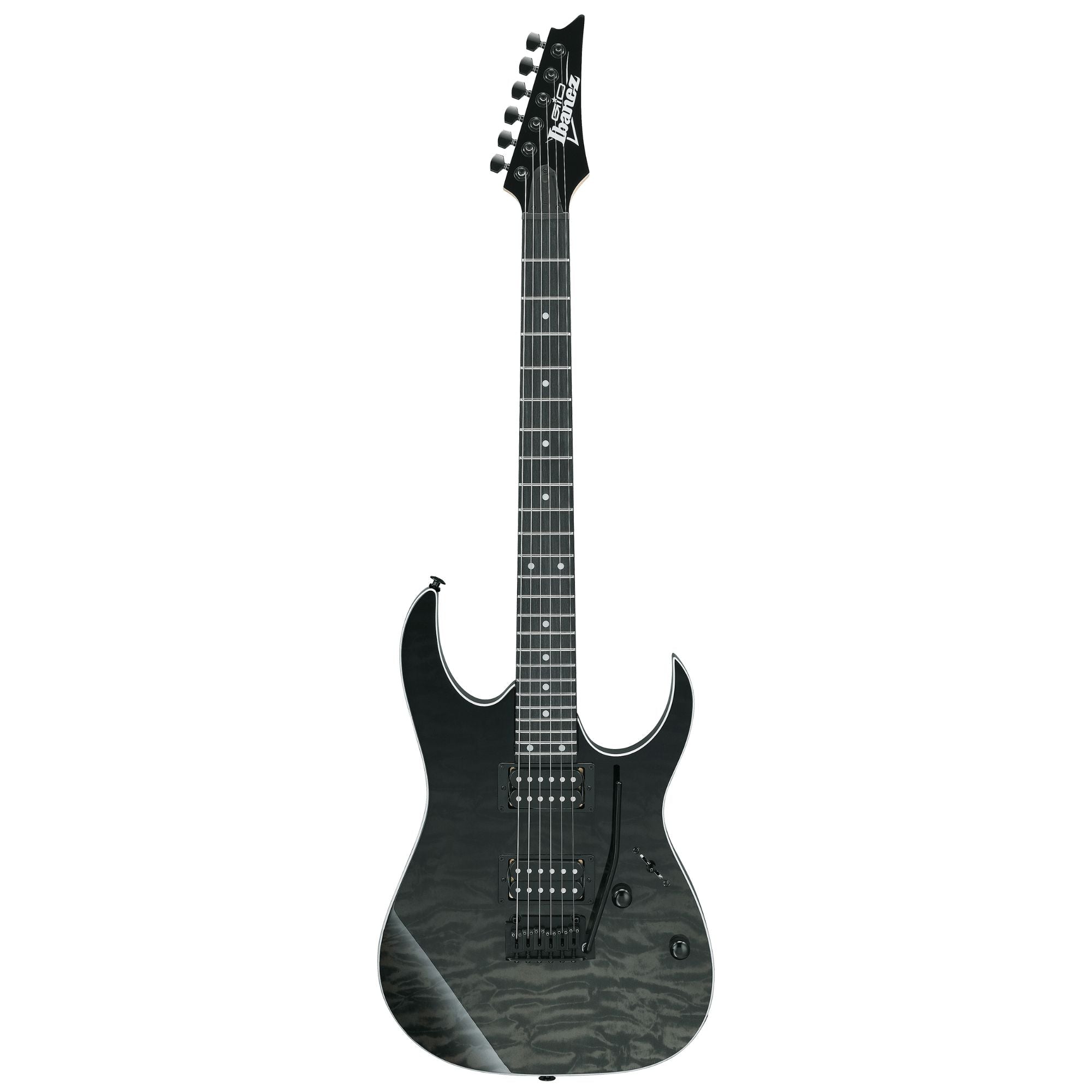 Ibanez GRG120QASP black gradient electric guitar with sleek body and six strings, perfect for rock and metal music.