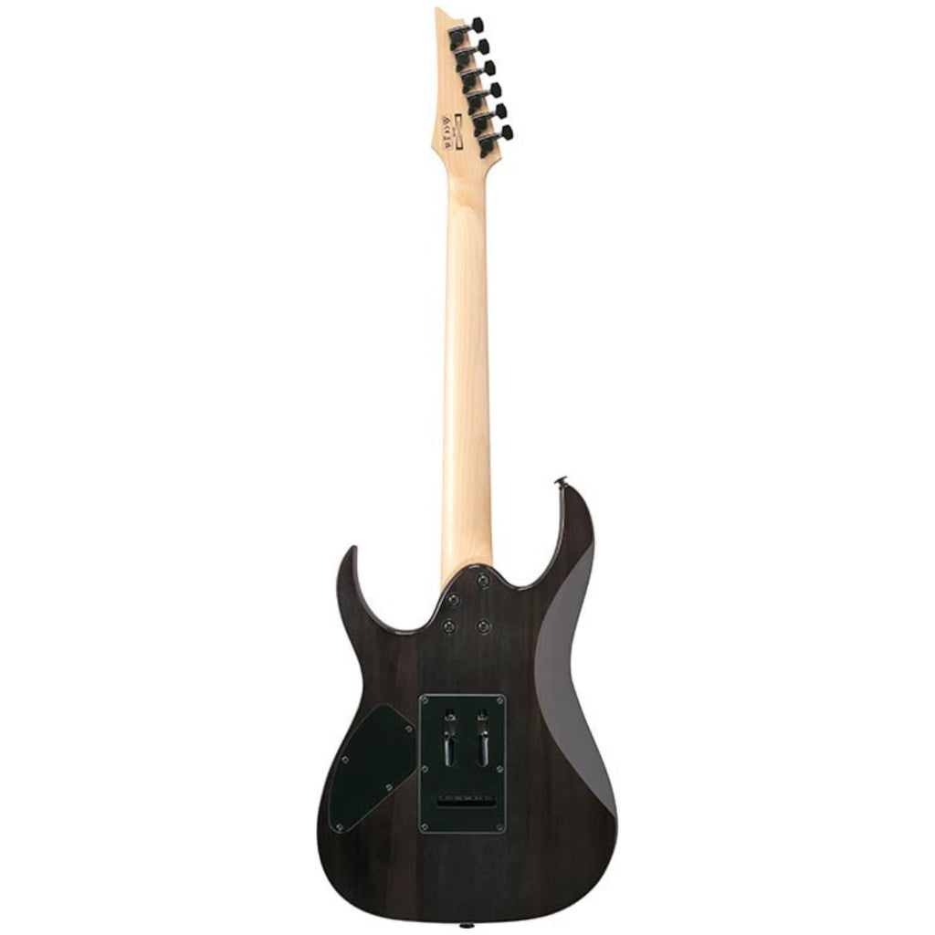 Ibanez GRG120QASP black gradient electric guitar with sleek body and pickups, showcasing its modern design and glossy finish.