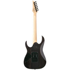 Ibanez GRG120QASP black gradient electric guitar with sleek body and pickups, showcasing its modern design and glossy finish.