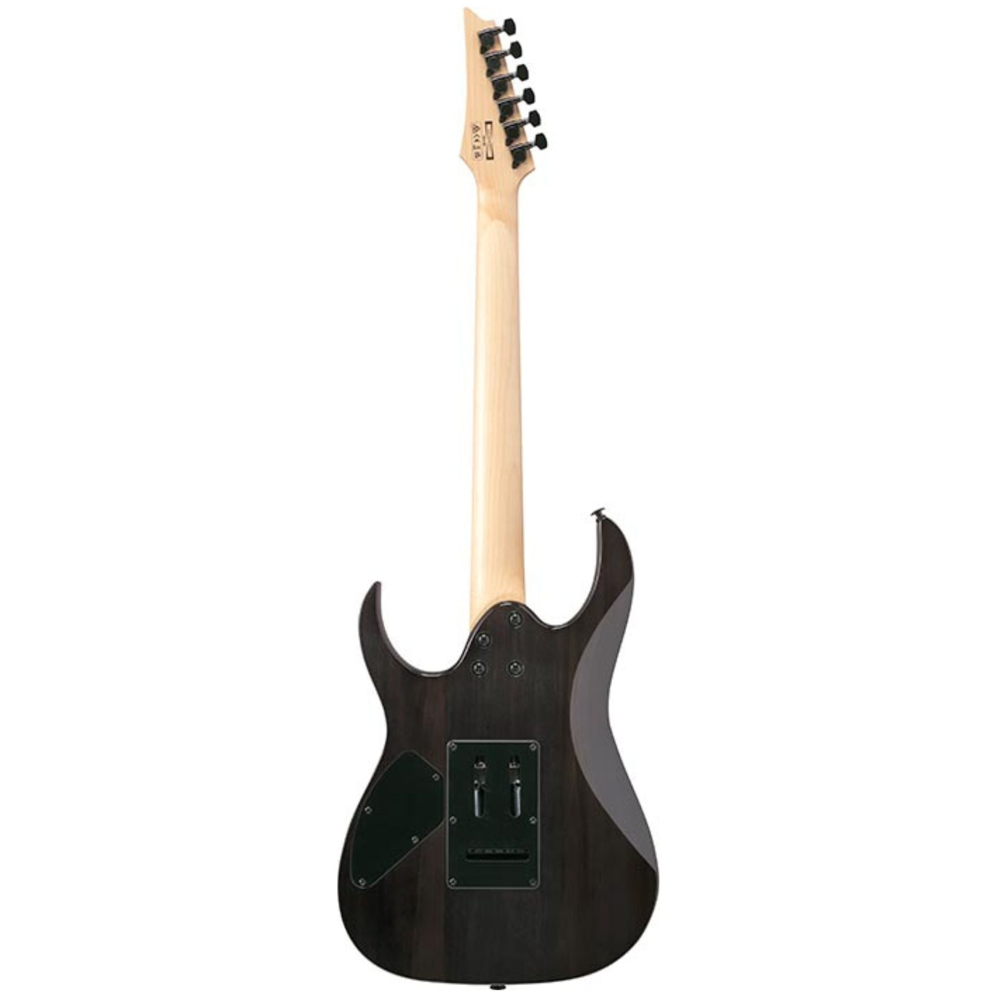 Ibanez GRG120QASP black gradient electric guitar with sleek body and pickups, showcasing its modern design and glossy finish.