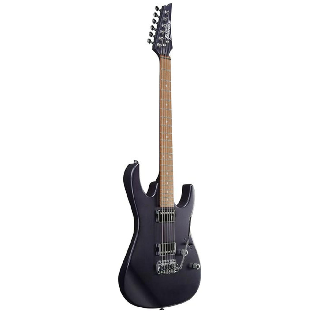 Ibanez GRX120SP Dark Dusk Metallic Matte electric guitar with a sleek finish and modern design, showcasing its body and hardware.