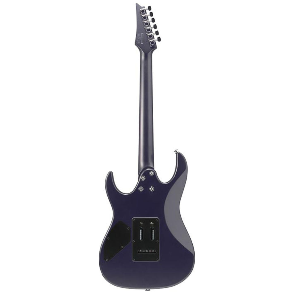 Ibanez GRX120SP Dark Dusk Metallic Matte electric guitar with sleek body and six strings, close-up shot showing details and finish.