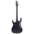 Ibanez GRX120SP Dark Dusk Metallic Matte electric guitar with sleek body and six strings, close-up shot showing details and finish.