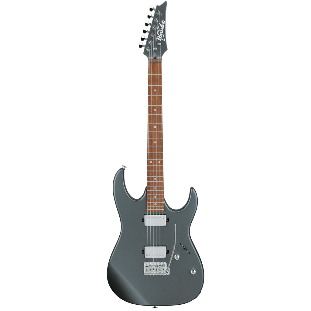 Ibanez GRX120SP Noble Gray Metallic matte electric guitar with a sleek body and six strings, designed for versatile playing.