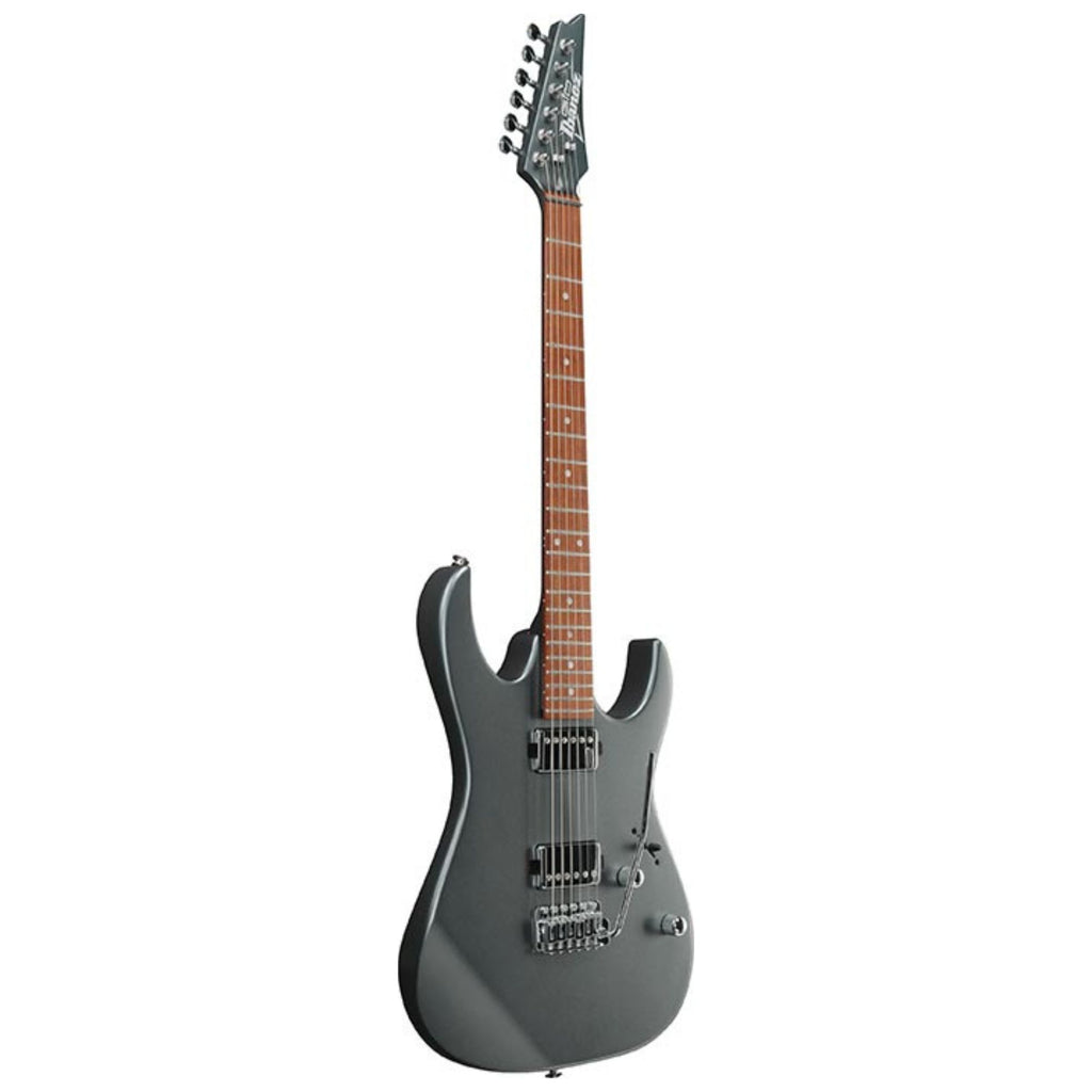 Ibanez GRX120SP Noble Gray Metallic matte electric guitar with dual humbucker pickups and sleek design.