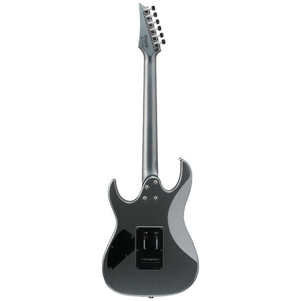 Ibanez GRX120SP Noble Gray Metallic matte electric guitar with double-cut body, maple neck, and humbucker pickups.