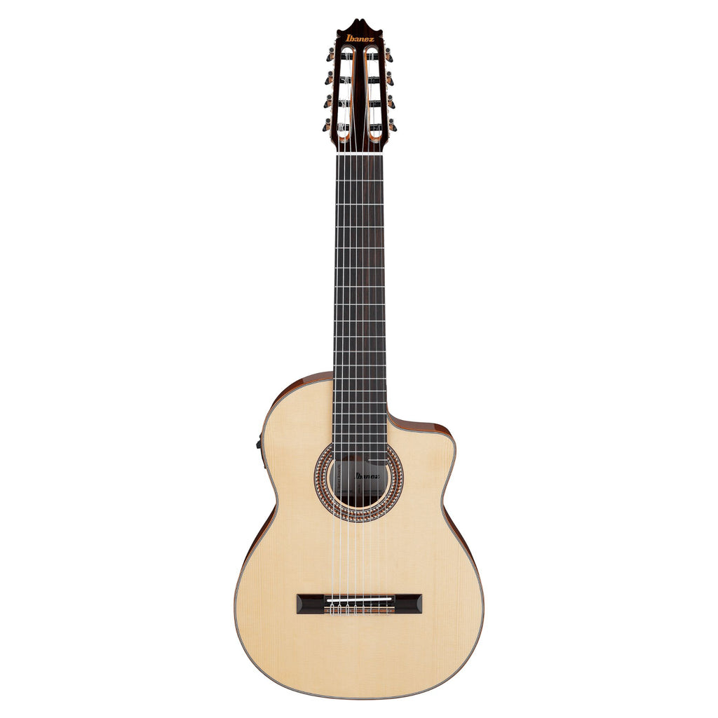 Ibanez GA3008CE classical guitar in natural high gloss finish, featuring a full-size body and intricate detailing.