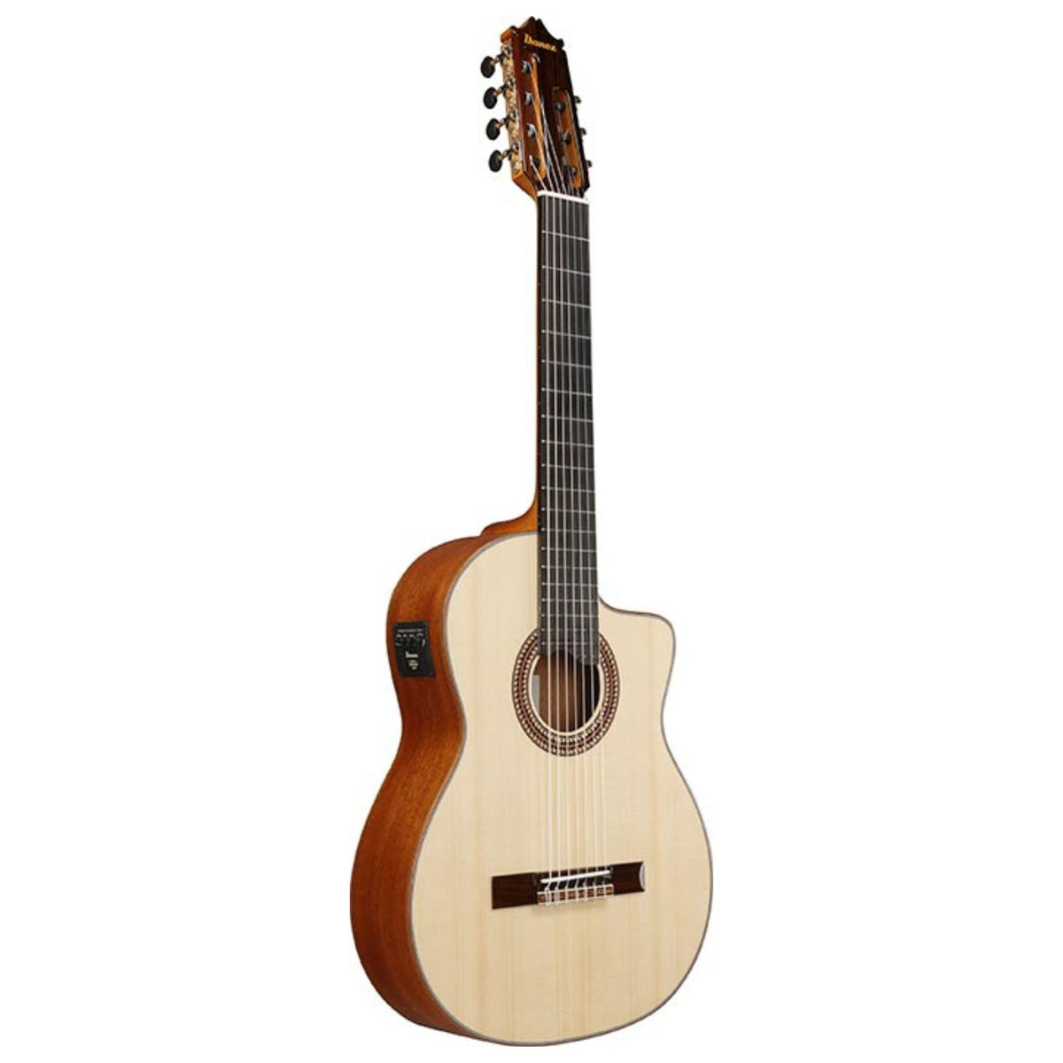 Ibanez GA3007CE classical guitar in natural high gloss finish, showcasing its body, neck, and detailed craftsmanship.