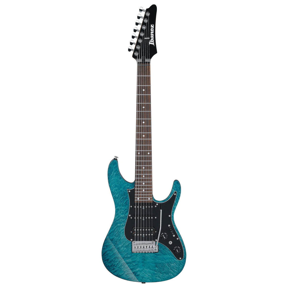 Ibanez AZ447P1QM electric guitar in cosmic blue with quilted maple top and chrome hardware, showcasing its sleek design and vibrant color.