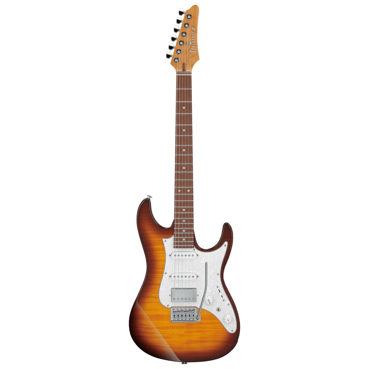 Ibanez AZ22S1F electric guitar in violin sunburst finish with sleek body and chrome hardware, showcasing its stylish design.