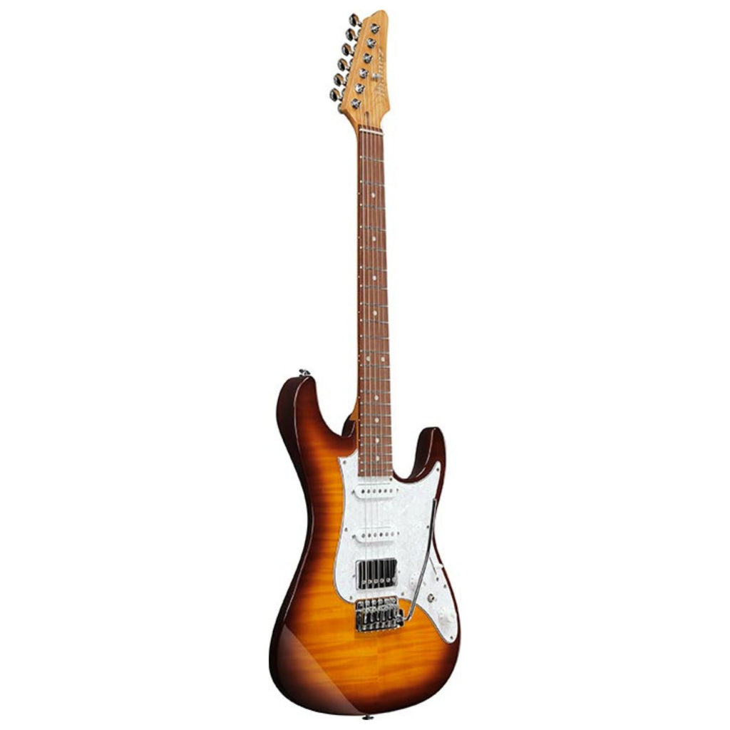 Ibanez AZ22S1F electric guitar in violin sunburst finish, showcasing a sleek body, six strings, and modern hardware.