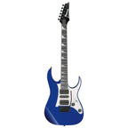 Ibanez RGV250 Jewel Blue electric guitar with double-cutaway body and chrome hardware, showcasing its vibrant finish and sleek design.