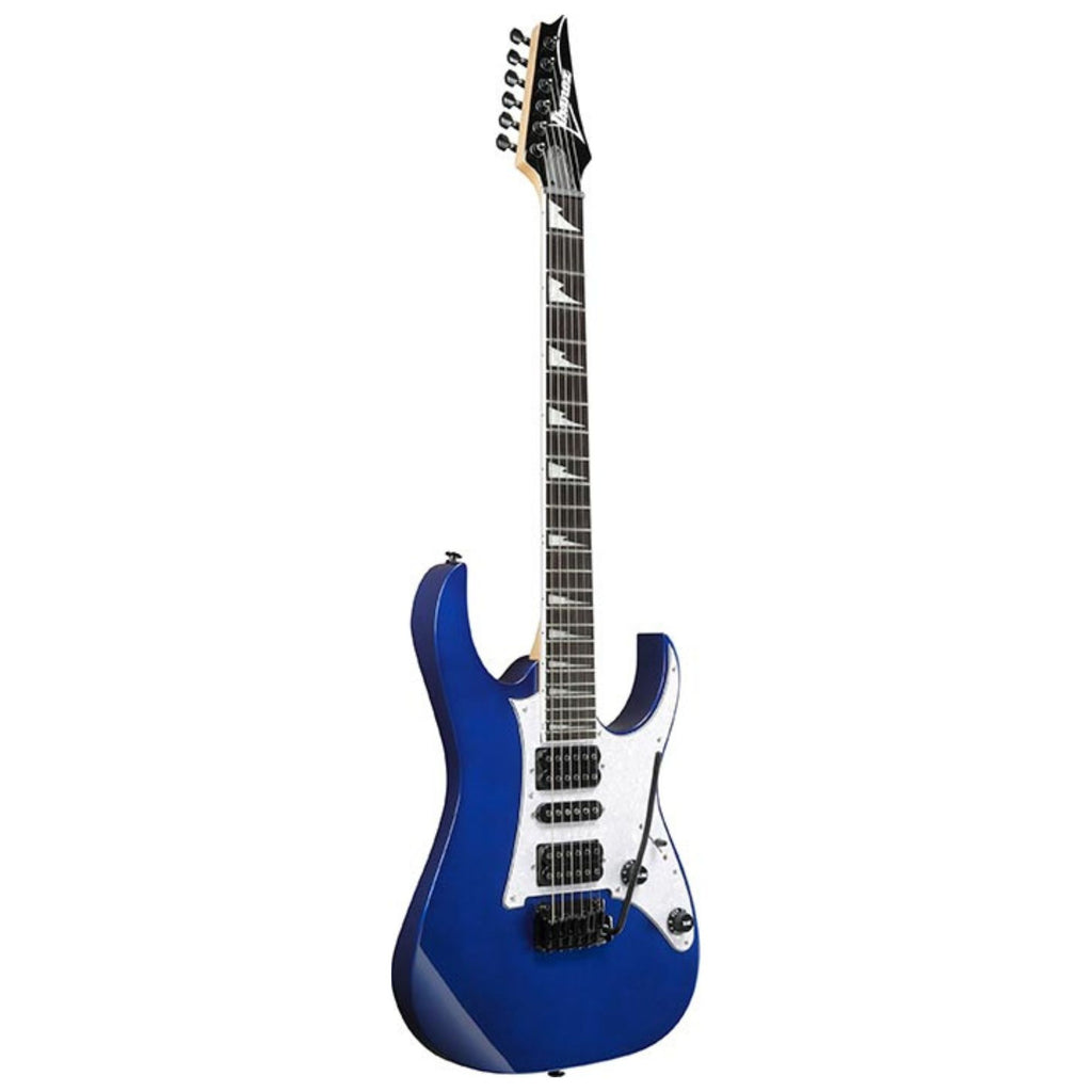 Ibanez RGV250 Jewel Blue electric guitar with double-cutaway body and chrome hardware, showcasing its sleek design and vibrant finish.