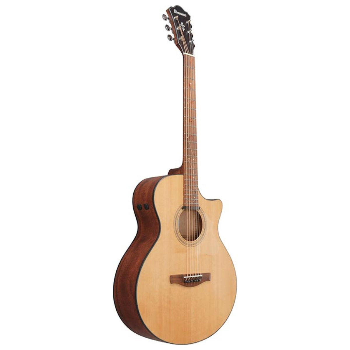 Ibanez AE275BT LGS AC baritone electric guitar with sunburst finish and rosewood fingerboard, showcasing its sleek body and hardware details.