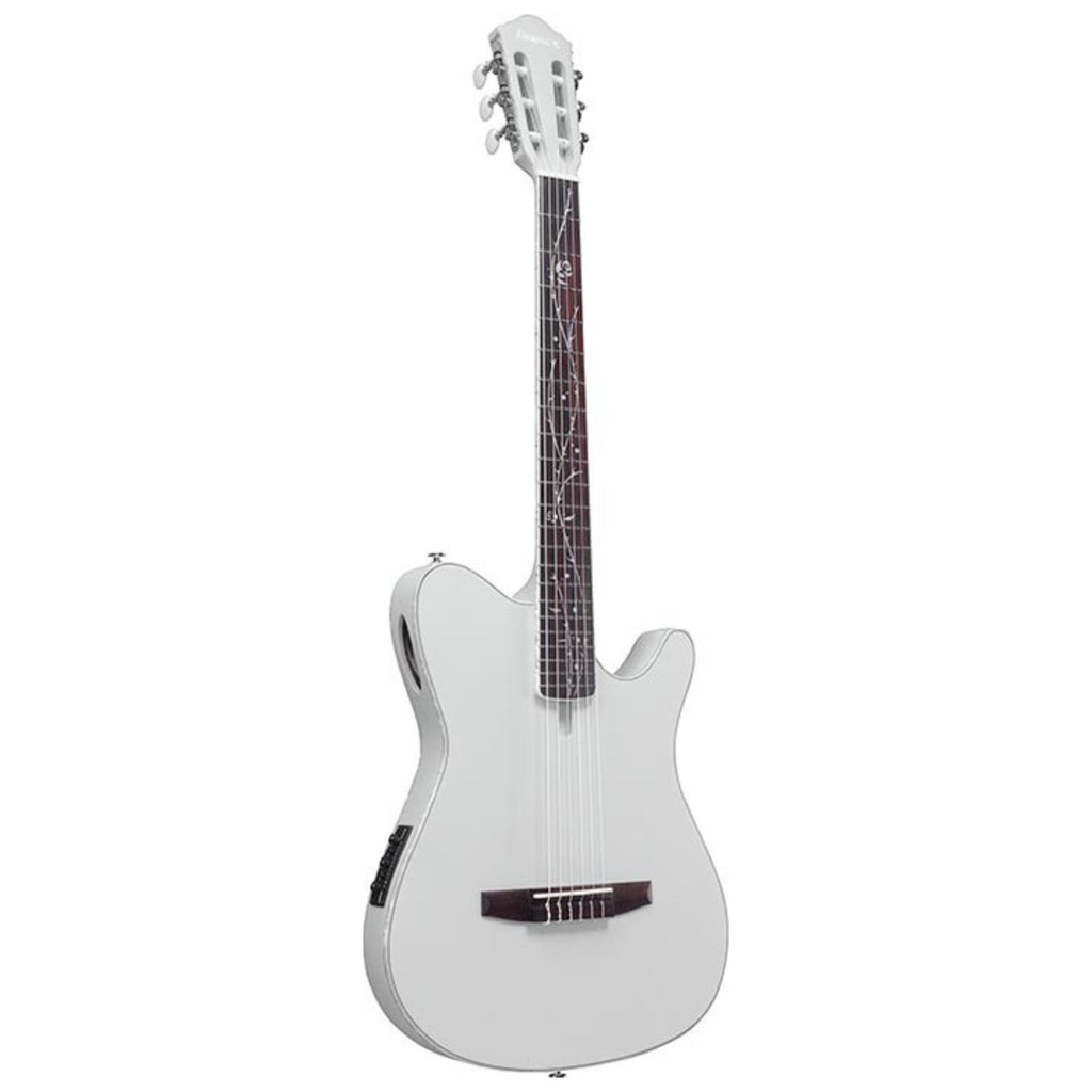 Ibanez Tim Henson TOD10N SMF signature classical electric guitar with nylon strings and sleek design, close-up view.