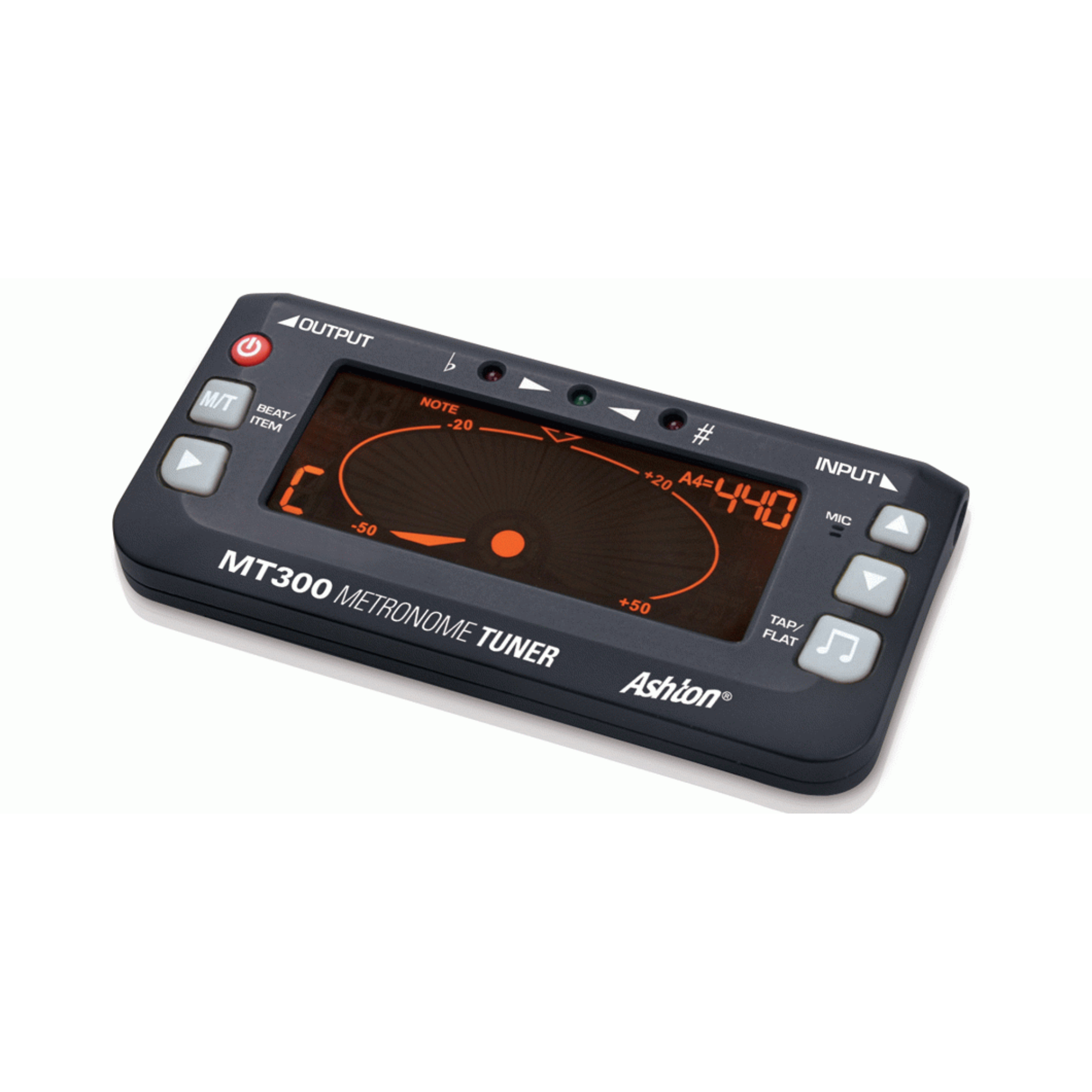 ASHTON MT300 metronome tuner for guitar, showing digital display and tuning dial, ideal for accurate guitar tuning and rhythm practice.