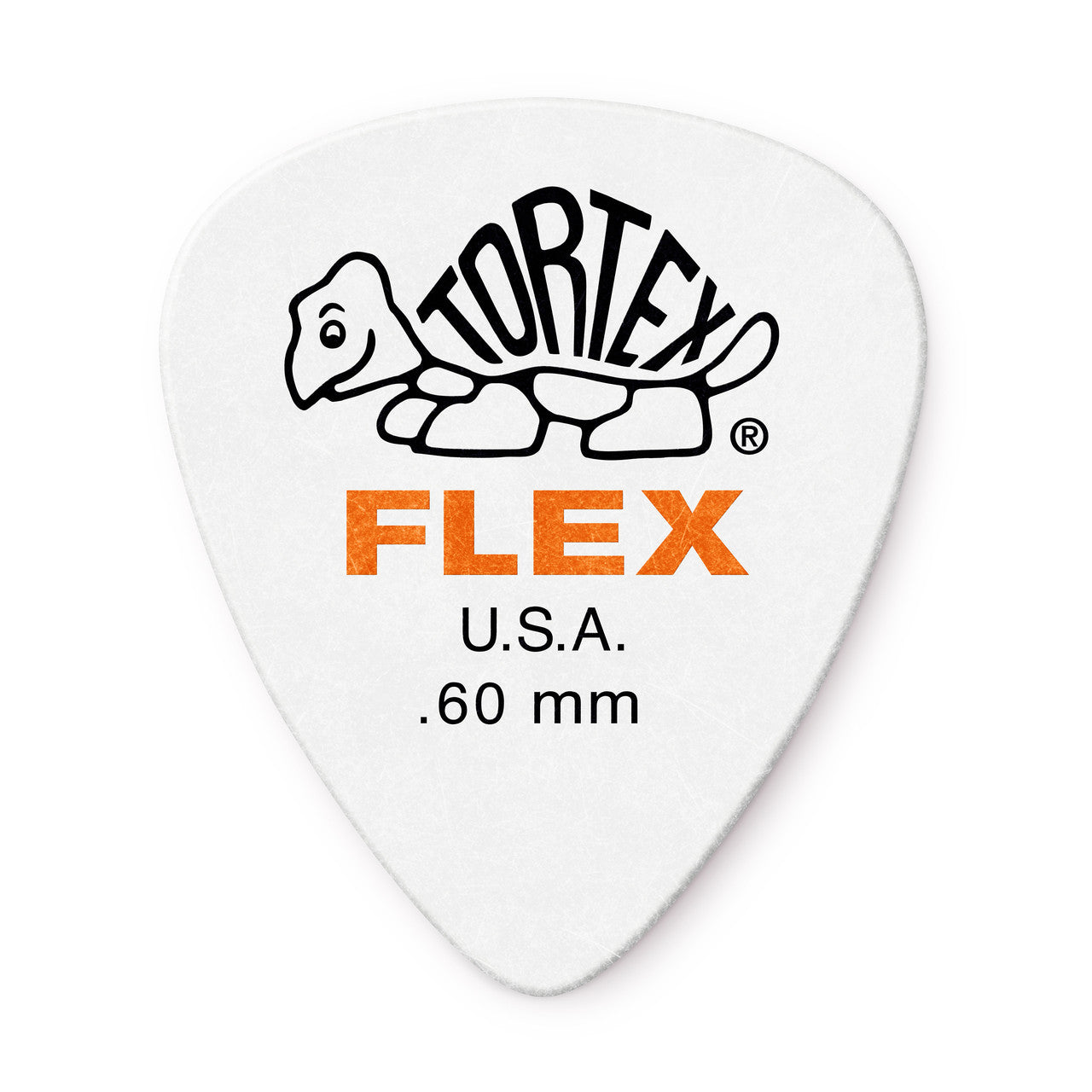 Jim Dunlop Tortex Flex Standards .60mm guitar pick with a translucent orange finish for versatile strumming and picking.