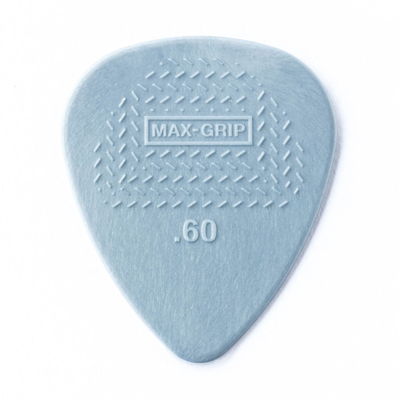 Gray Jim Dunlop Nylon Max .60mm guitar pick, showing the textured surface and tapered shape for precise playing.