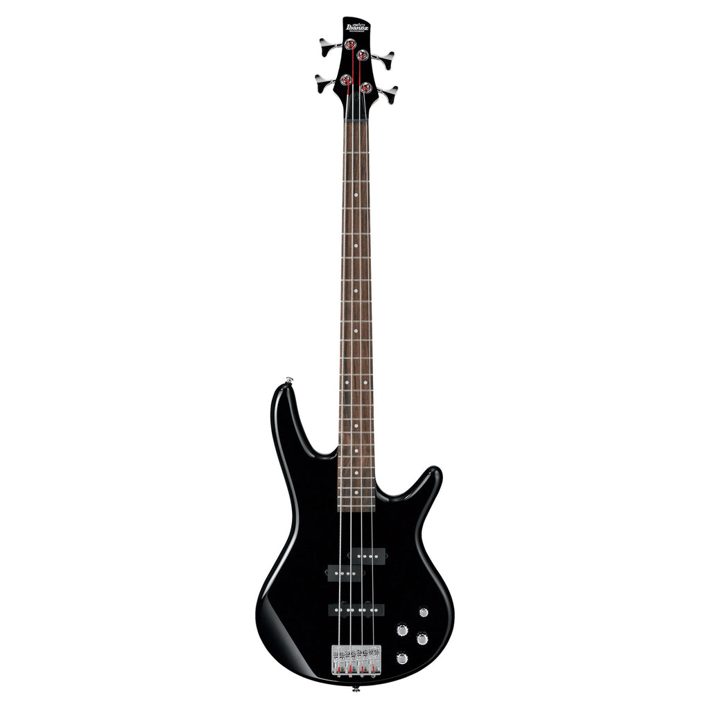 Black Ibanez GIO SR200 electric bass guitar with sleek body and four-string design, showcasing the guitar's neck and headstock.