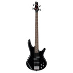 Black Ibanez GIO SR200 electric bass guitar with sleek body and four-string design, showcasing the guitar's neck and headstock.
