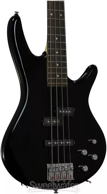 Black Ibanez GIO SR200 electric bass guitar with sleek body and four strings, showcasing its modern design and hardware.