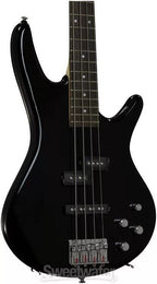 Black Ibanez GIO SR200 electric bass guitar with sleek body and four strings, showcasing its modern design and hardware.