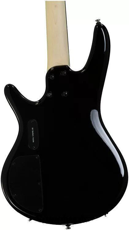 Black Ibanez GIO SR200 electric bass guitar with sleek body and four strings, showcasing its modern design and hardware.