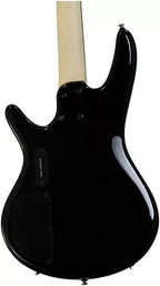 Black Ibanez GIO SR200 electric bass guitar with sleek body and four strings, showcasing its modern design and hardware.