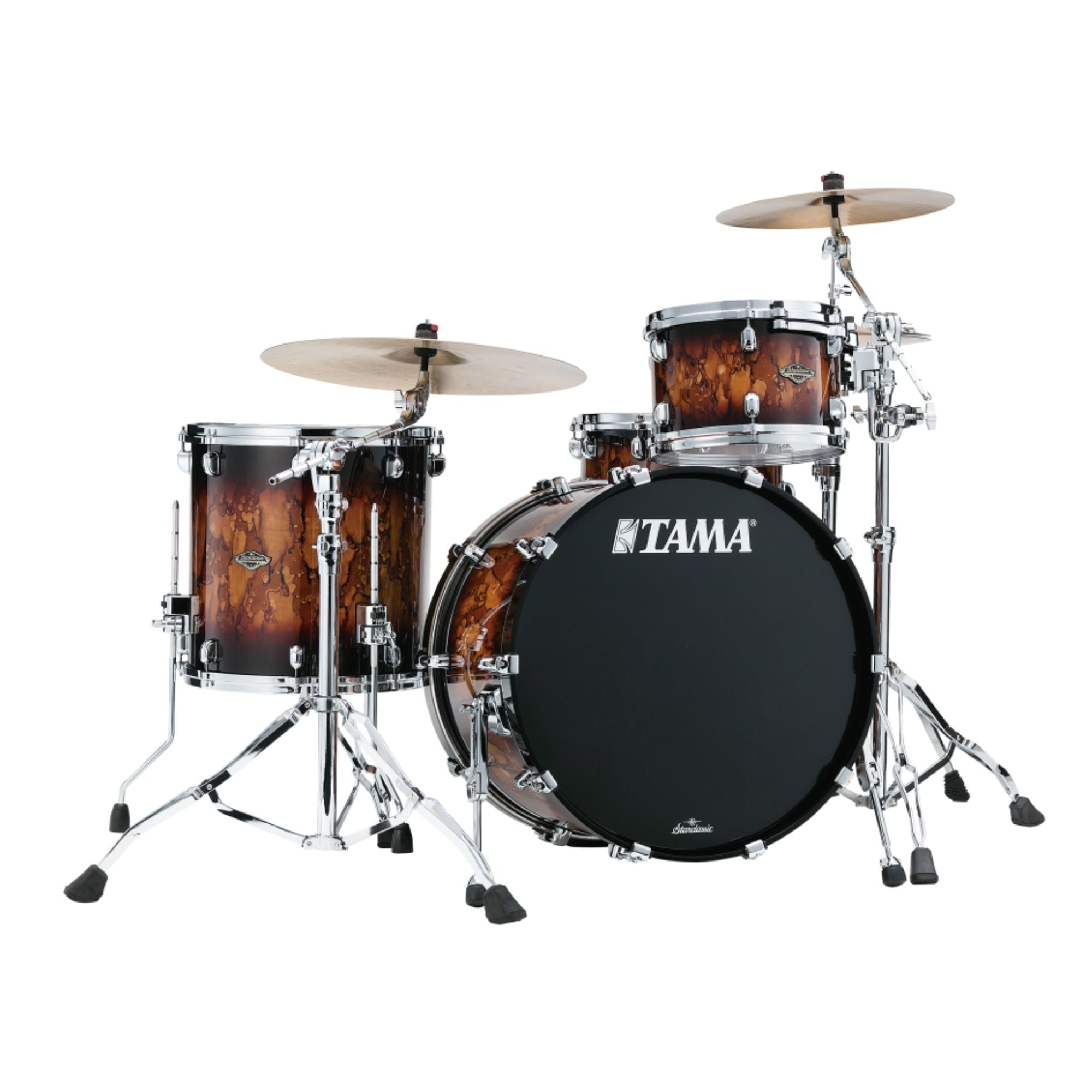 Tama Starclassic Walnut/Birch 22-inch 3-piece drum kit shell pack with molten brown burst finish, including bass, toms, and snare shells.