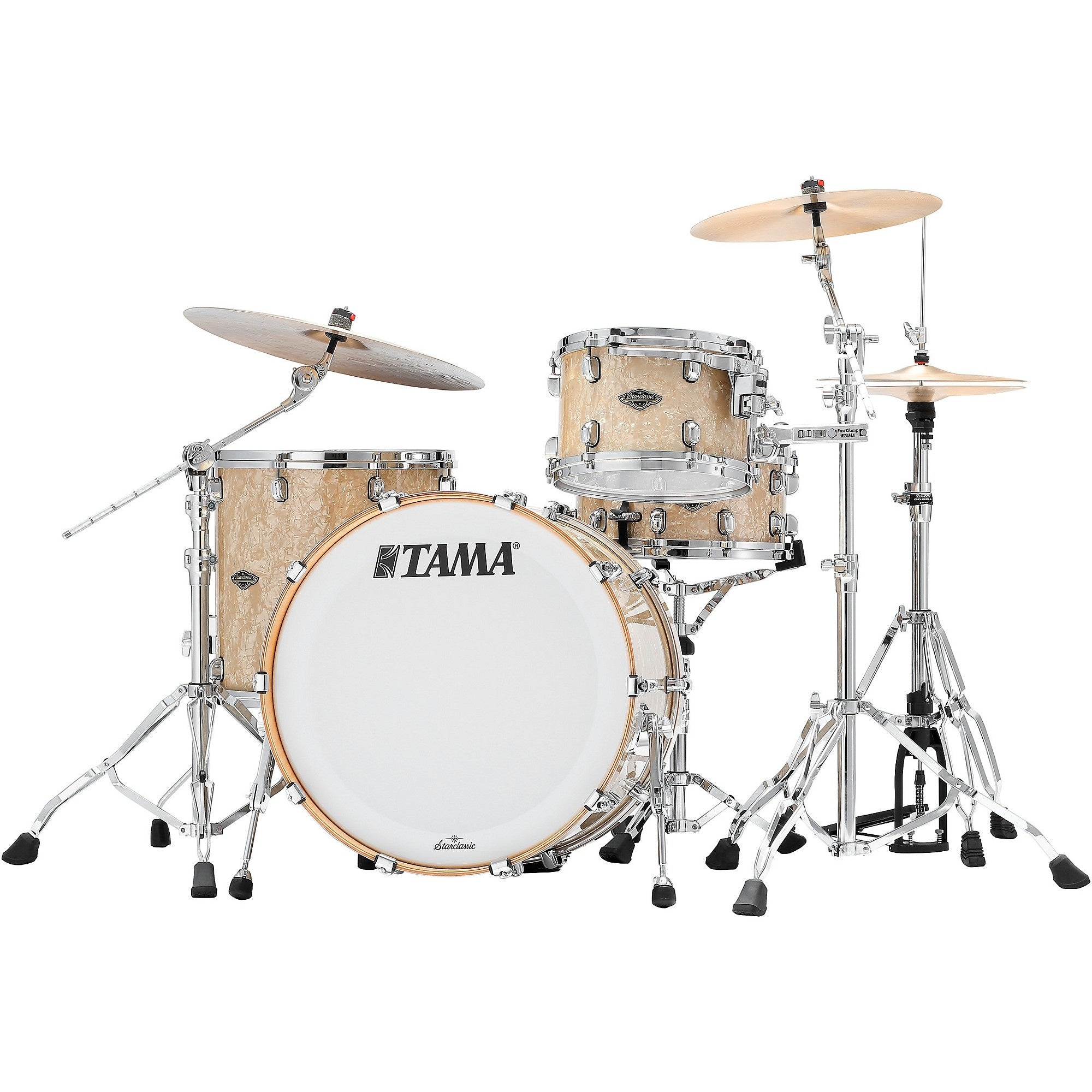 Tama Starclassic Walnut and Birch 22-inch 3-piece drum kit shell pack with vintage marine pearl finish, including 12-inch and 16-inch drums.