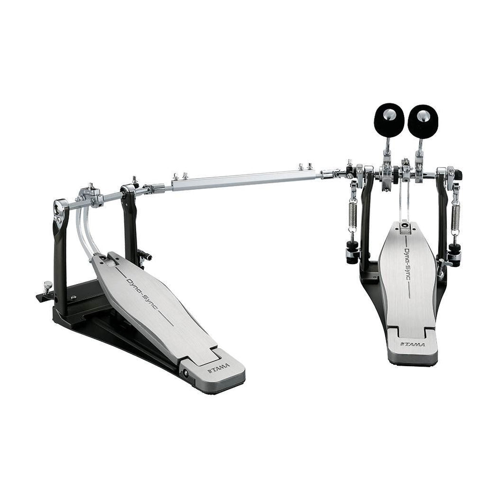 Tama HPDS1TW Dyna Sync double bass drum pedal with metallic finish, showcasing the pedal's footboard and chain drive mechanism.