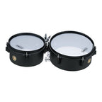 Tama Metalworks Effect MT68STBK mini bongos in matte black with textured metal shells and drum heads, suitable for percussion music.