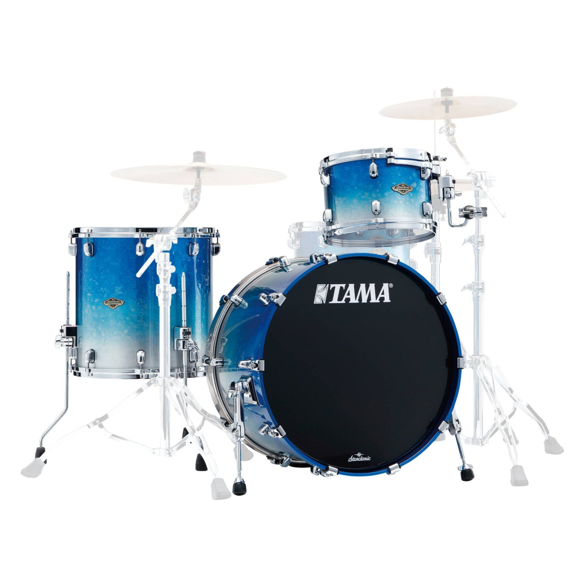 Tama Starclassic Walnut/Birch 22-inch 3-piece drum kit shell pack in Molten Blue Ice Fade, featuring bass, mounted tom, and floor tom shells.