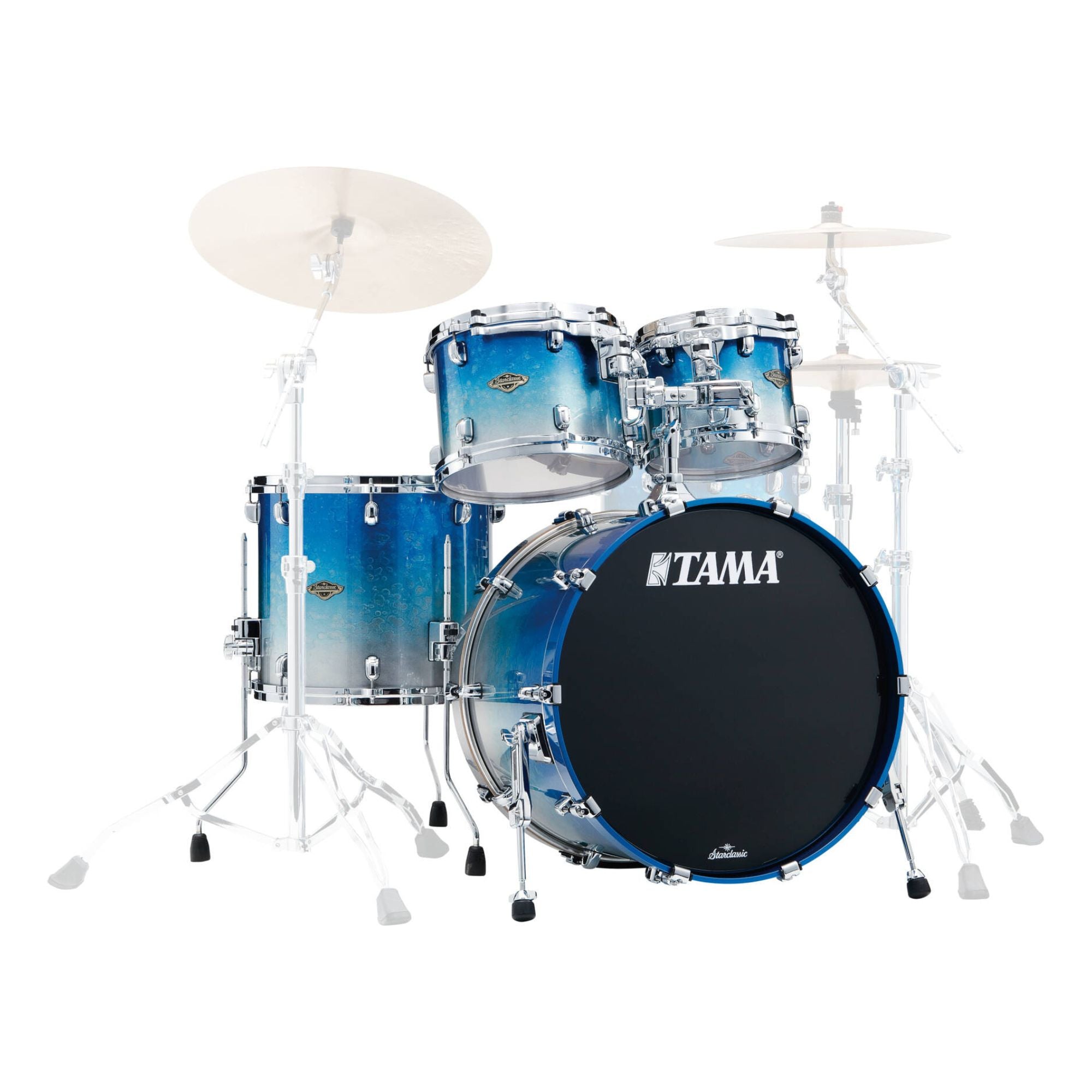 Tama Starclassic Walnut/Birch 22-inch 4-piece drum kit shell pack in Molten Blue Ice Fade with 10, 12, and 16-inch toms