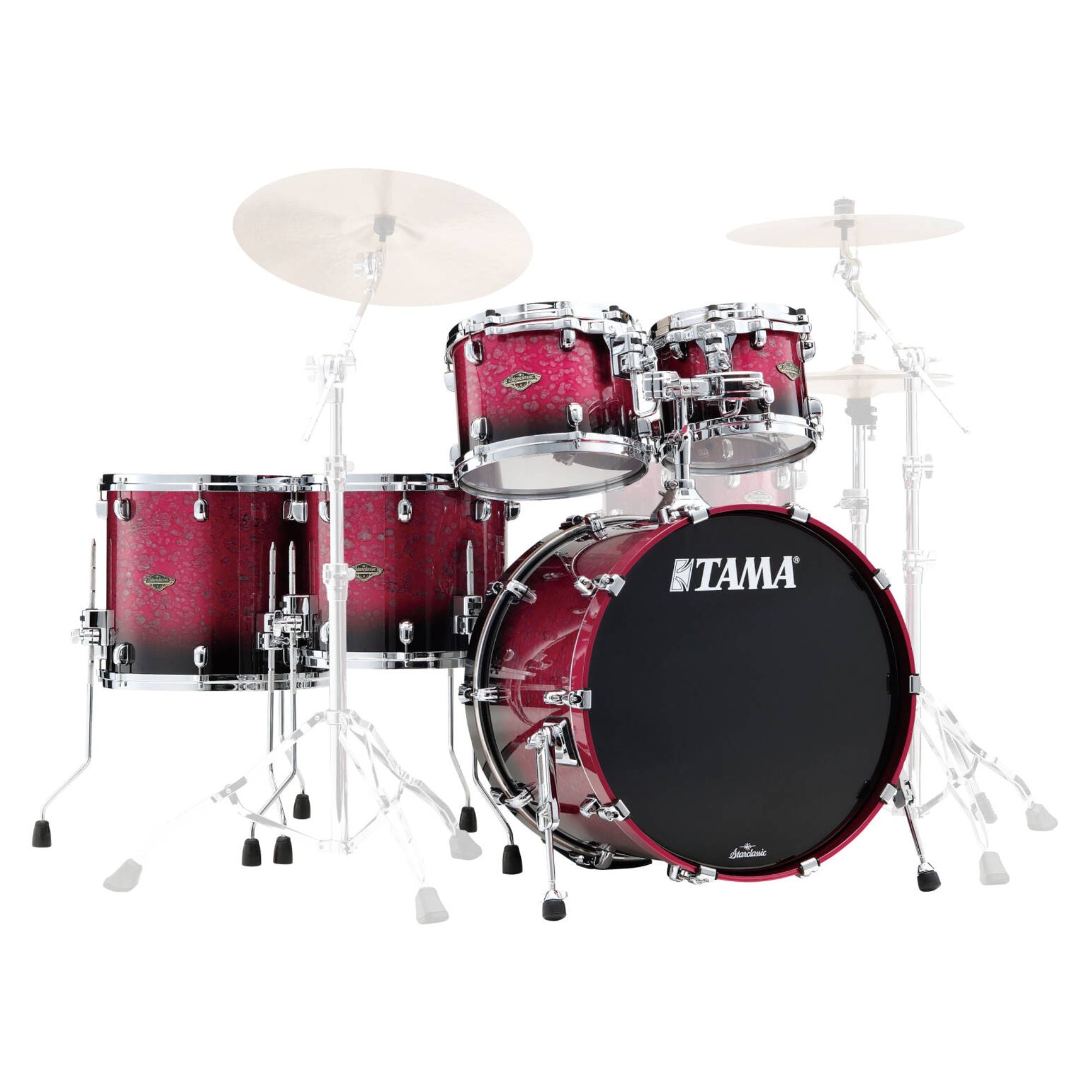 Tama Starclassic Walnut/Birch 22-inch 4-piece drum kit shell pack with molten dark raspberry fade finish and 10, 12, 16-inch toms