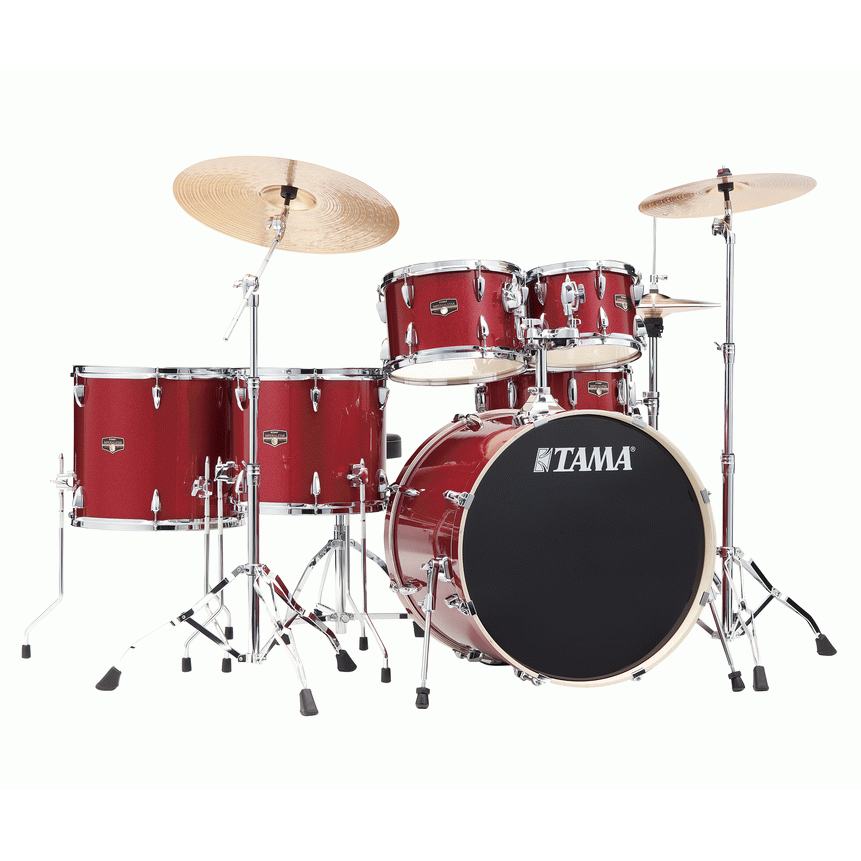Tama Imperialstar 6-piece drum kit in Burnt Red Mist with bass drum, toms, snare, and cymbals, set up for playing.