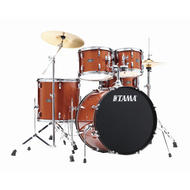 Tama Stagestar 5-piece drum kit in Scorched Copper Sparkle with bass drum, toms, snare, and hardware on a drum stand.