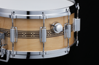 Tama 50th Limited Mastercraft Artwood 14x6.5 snare drum showing wooden shell and metal hardware with drumsticks.