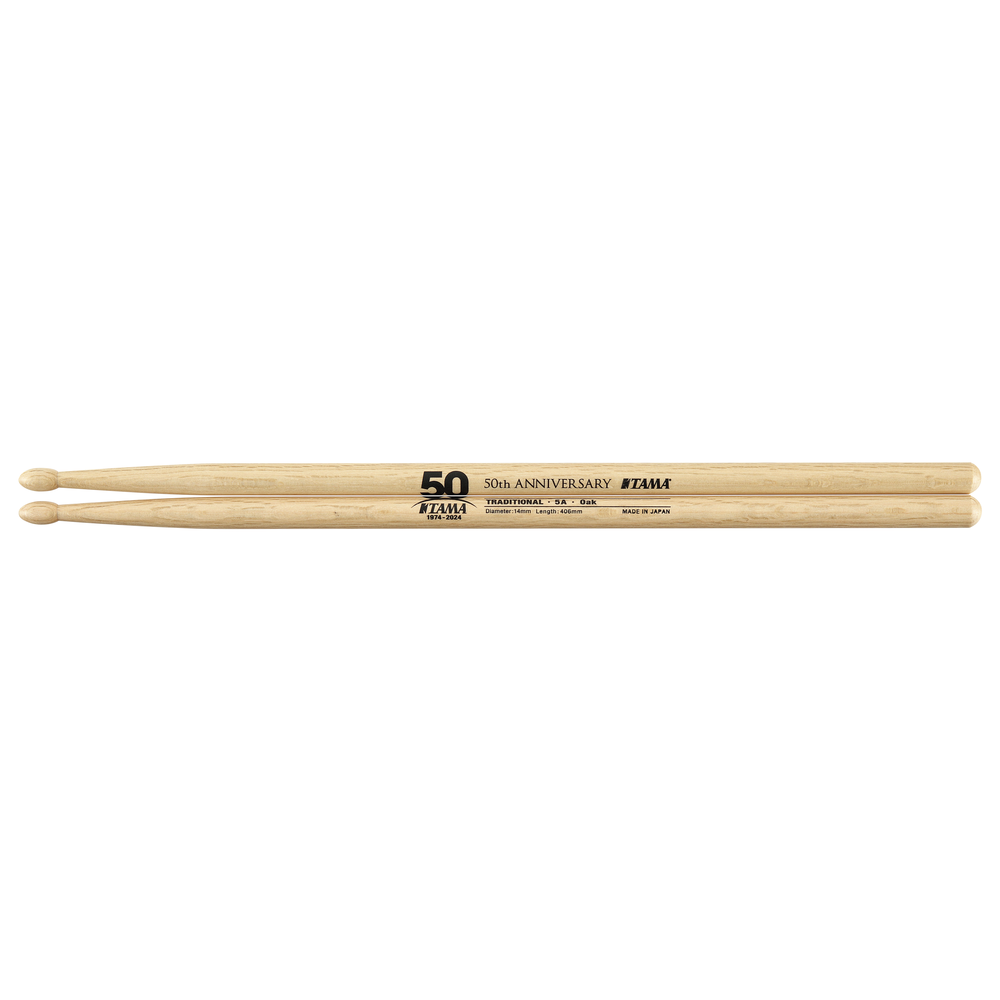 Tama 50th Limited Edition Oak 5A drumsticks with branded packaging, featuring natural wood finish and Tama logo.